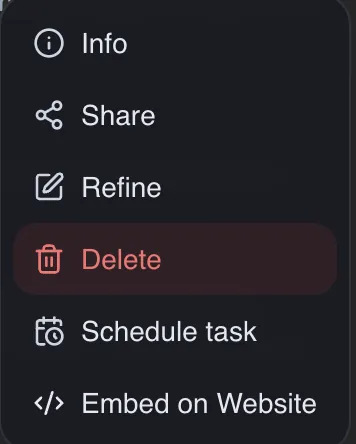 Agent menu with Embed on Website at the bottom