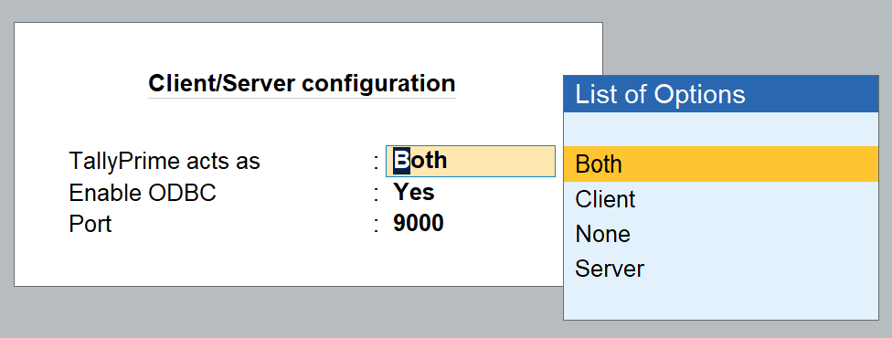 TallyPrime Client/Server configuration set to Both, Enable ODBC Yes, and Port 9000