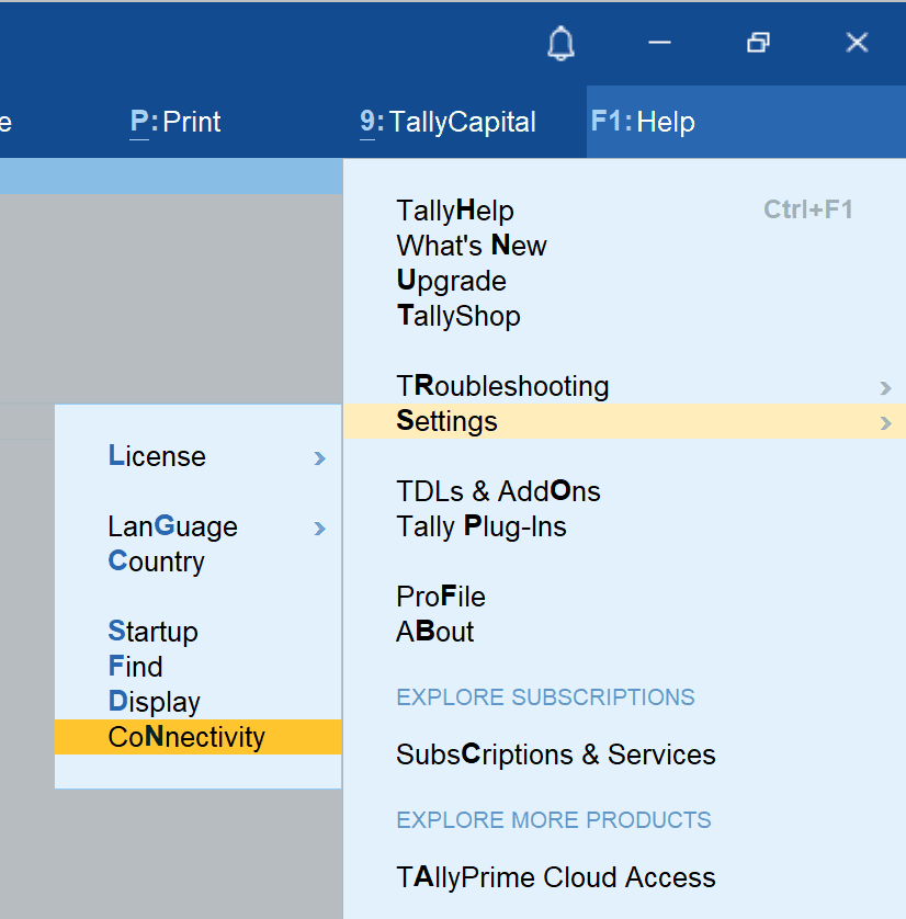TallyPrime Help menu with Settings selected and Connectivity visible in the Settings list